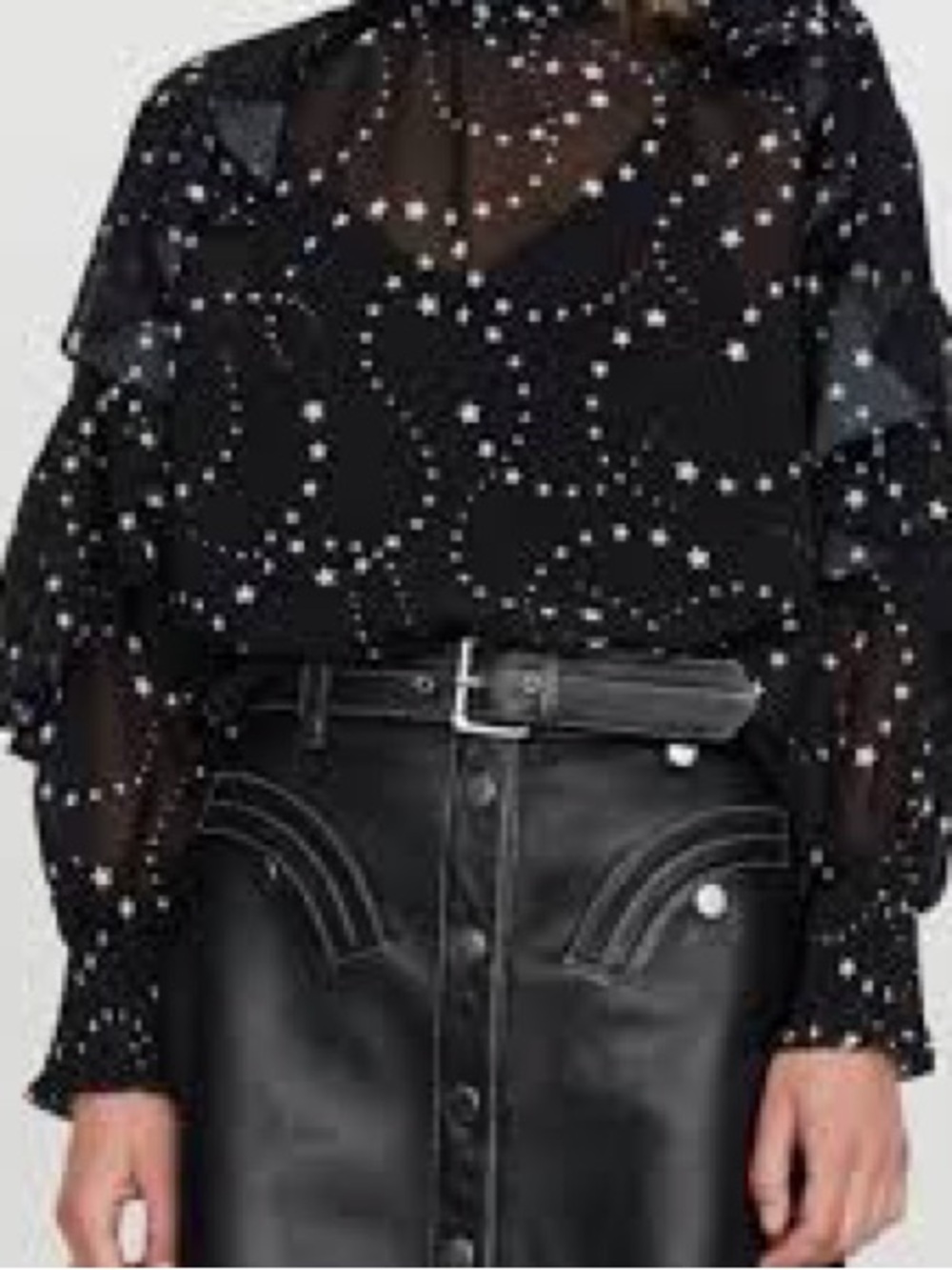 Maje Black Sheer Star-Print Ruffle Blouse
